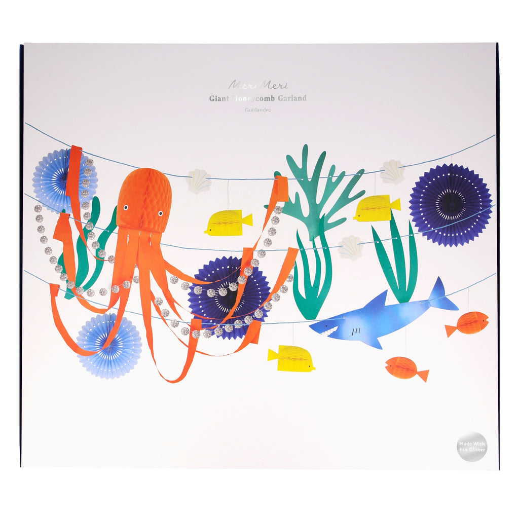 A whimsical party decoration featuring colorful sea creatures and ocean-themed cutouts, perfect for underwater-themed celebrations.