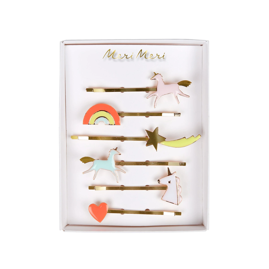 A set of colorful hair clips featuring whimsical enamel unicorn designs, perfect for adding a magical touch to any hairstyle.