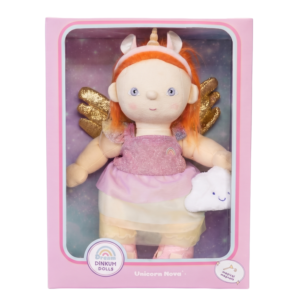 Dream Dinkum Dolls Unicorn Nova plush doll with gold wings in pink display packaging.