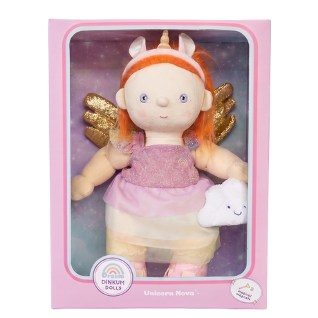 Dream Dinkum Dolls Unicorn Nova plush doll with gold wings in pink display packaging.