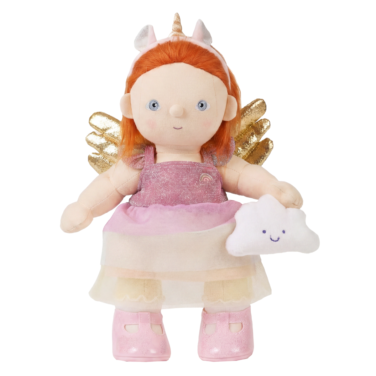 Plush Nova unicorn doll with orange hair, gold wings, pink dress, holding a small white cloud toy.