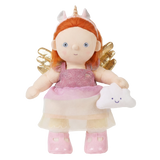 Plush Nova unicorn doll with orange hair, gold wings, pink dress, holding a small white cloud toy.
