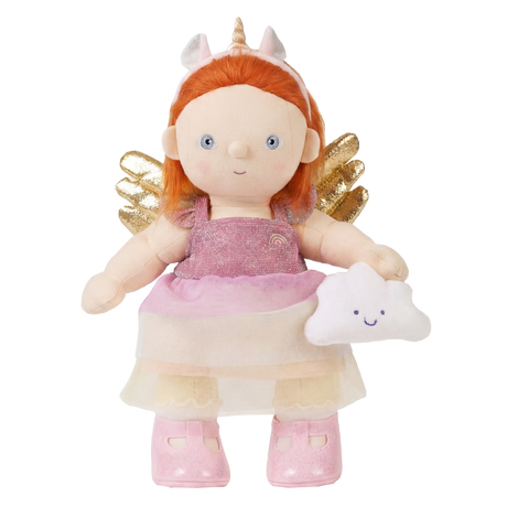 Plush Nova unicorn doll with orange hair, gold wings, pink dress, holding a small white cloud toy.