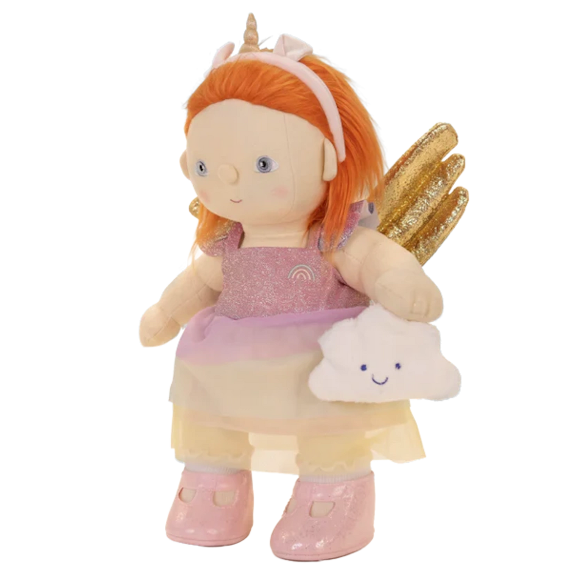 Olli Ella Dinkum Doll wearing a rainbow unicorn outfit set with gold wings.