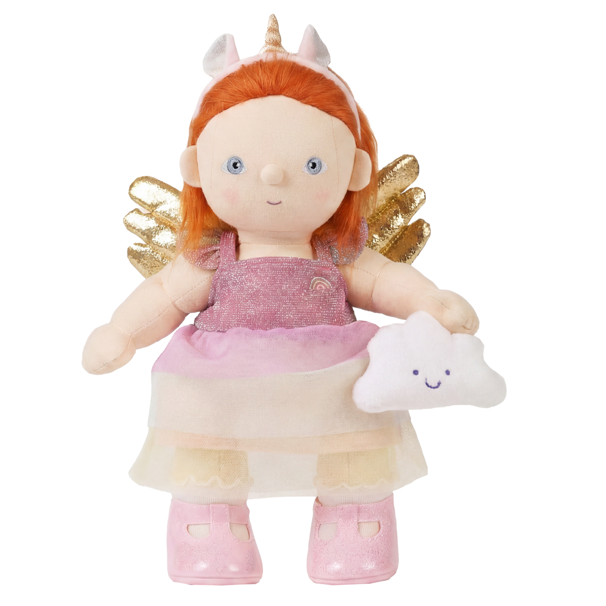 Olli Ella Dinkum Doll in Pink Unicorn Outfit Set with golden wings.
