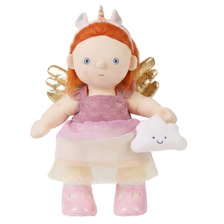 Olli Ella Dinkum Doll in Pink Unicorn Outfit Set with golden wings.