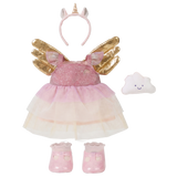 Olli Ella Dinkum Dolls Unicorn Outfit Set with a pink tulle dress, gold wings, headband, and shoes.