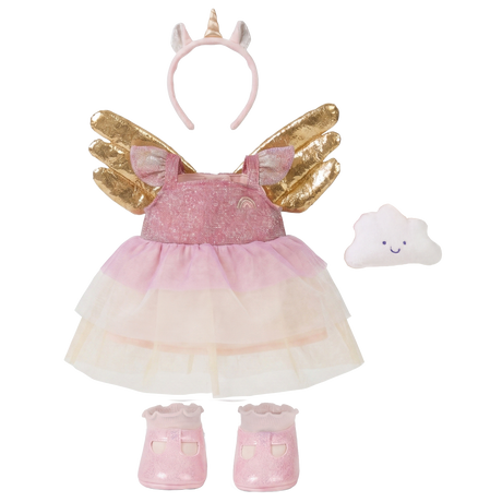 Olli Ella Dinkum Dolls Unicorn Outfit Set with a pink tulle dress, gold wings, headband, and shoes.