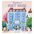 Cover of children's book Valentine's Guest House by Sam Sharland, featuring a tall blue building and families on the sidewalk.