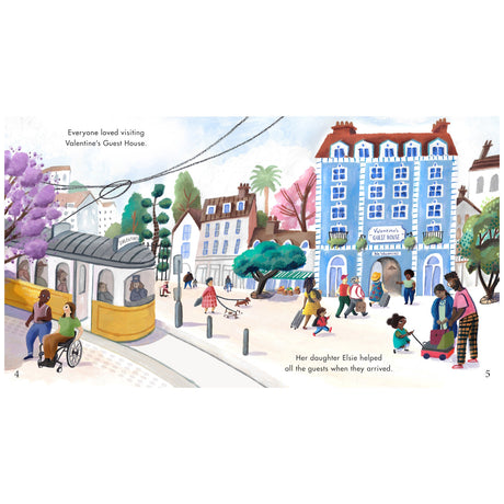 Watercolor illustration of a street with a yellow tram and guests arriving at the blue Valentine's Guest House.