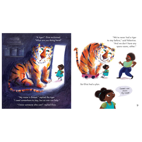 Illustration of a tiger and a young girl from the children's book Valentine's Guest House by Elodie Perrotin.