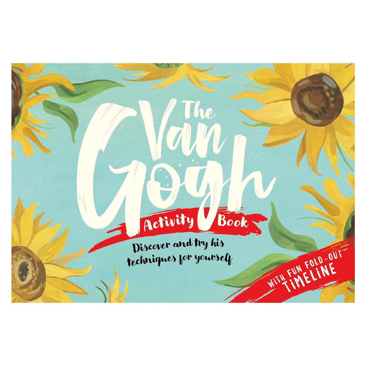The Van Gogh Activity Book cover featuring yellow sunflowers on a blue background with a fun fold-out timeline.