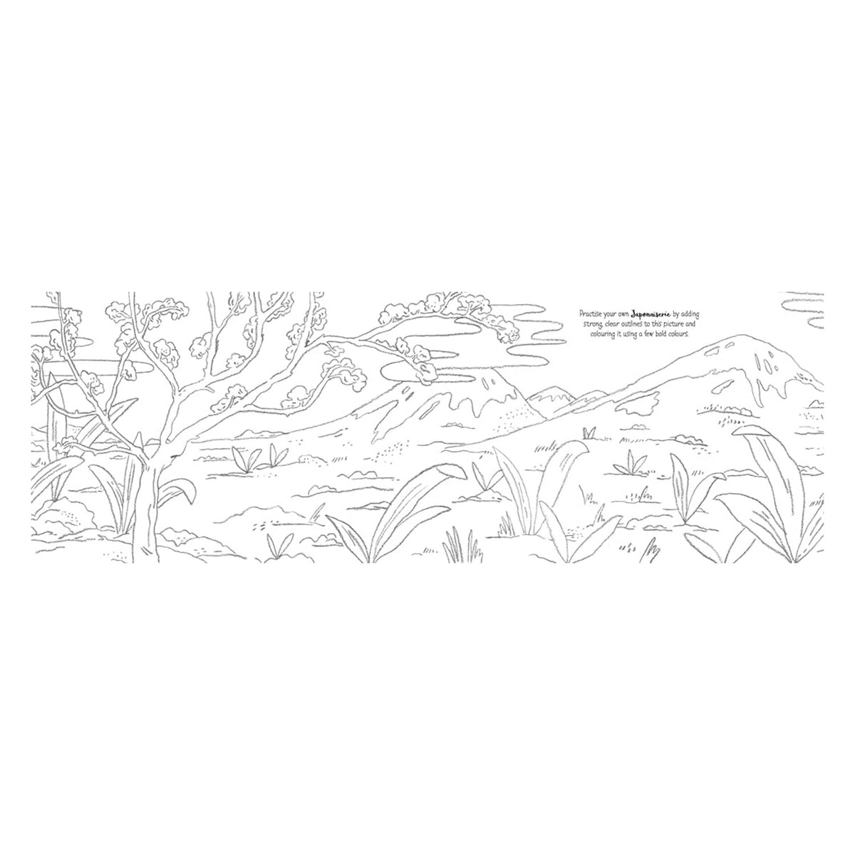 Black and white line art of a Japanese landscape with mountains, trees, and foliage for a Japonaiserie coloring activity.
