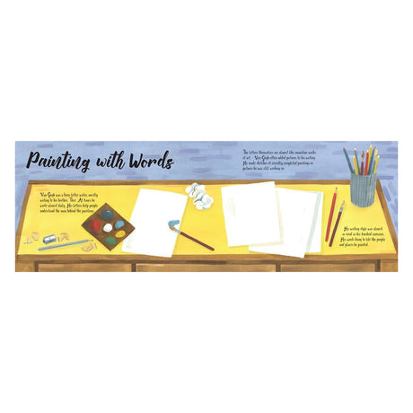 Illustration titled Painting with Words showing Van Gogh's desk with art supplies and letters.