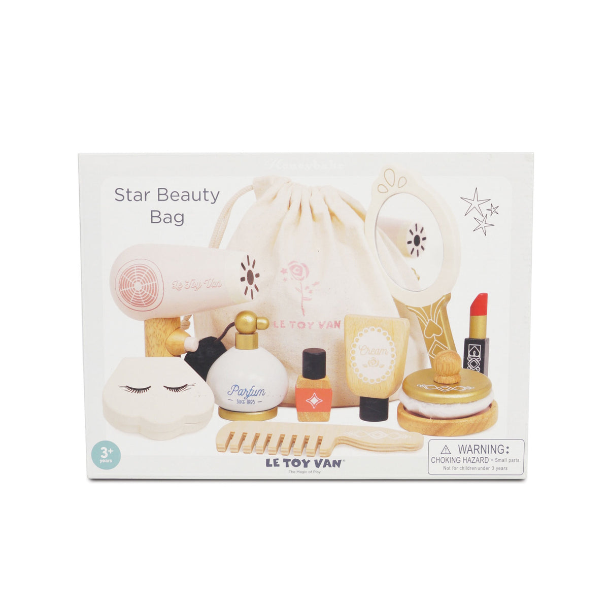 Front of Le Toy Van Star Beauty Bag product box showing wooden beauty accessories and fabric bag.