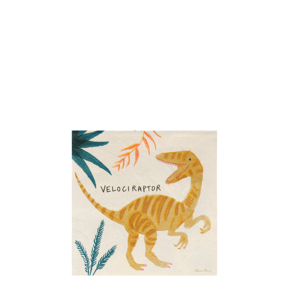 Meri Meri Dinosaur Kingdom small paper napkin featuring a yellow striped Velociraptor illustration with tropical foliage.