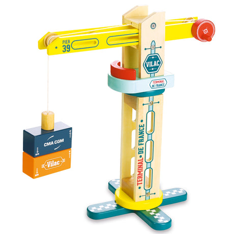 Vilac Terminal de France wooden toy crane with Pier 39 yellow arm and hanging CMA CGM blue and orange cargo containers.