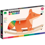 Vilac Wooden Rocking Fox toy for toddlers 18 months plus with rainbow tail in original product packaging box.