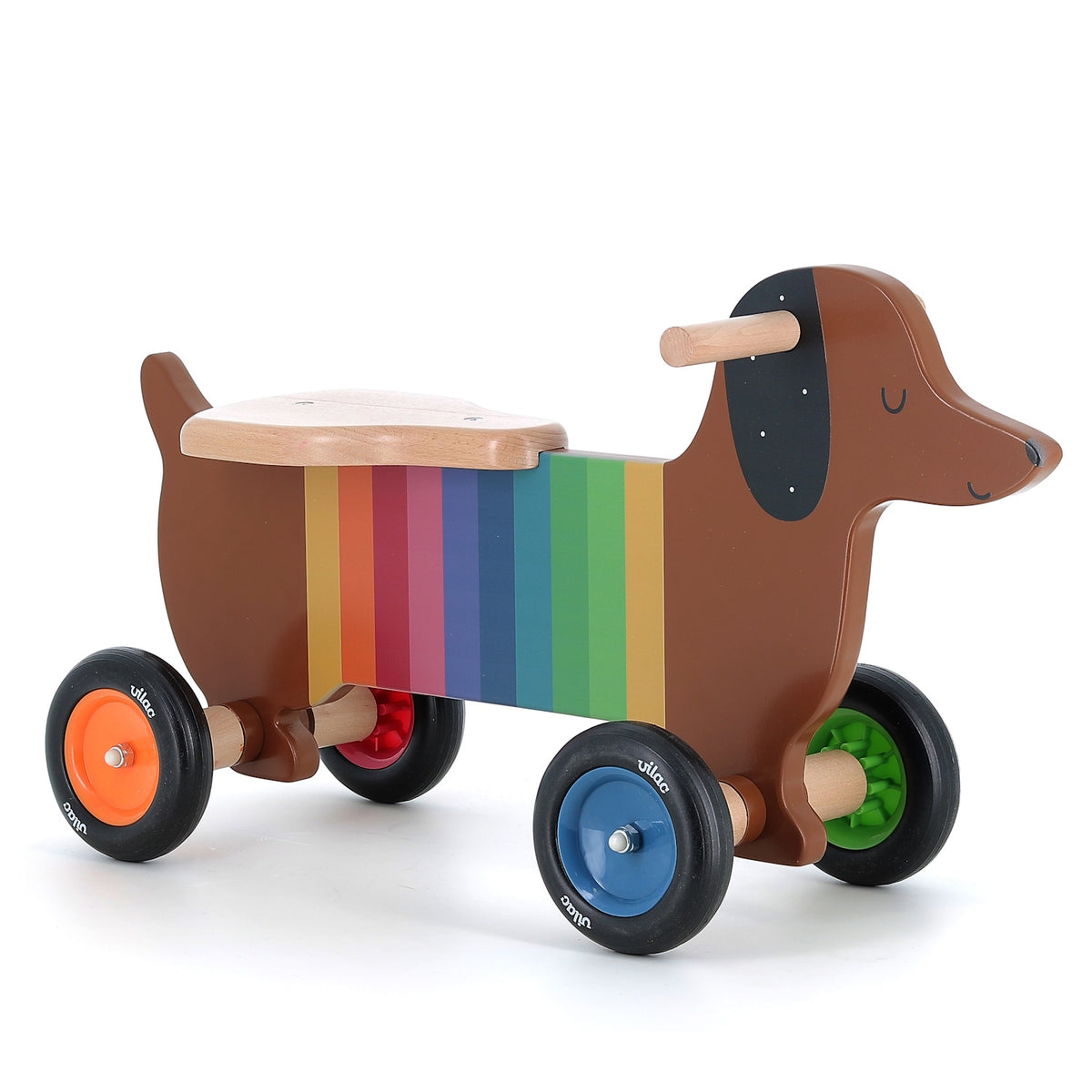 Vilac wooden rainbow dachshund dog ride-on toy for toddlers with four wheels and handle on white background.