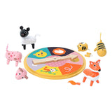 Vilac wooden animal bingo game with spinner and mix and match toy parts.