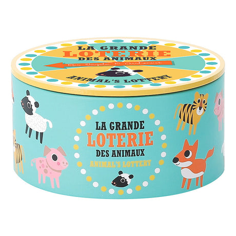 Vilac Animal's Lottery bingo game in a round blue tin featuring illustrations of a fox, tiger, and pig.