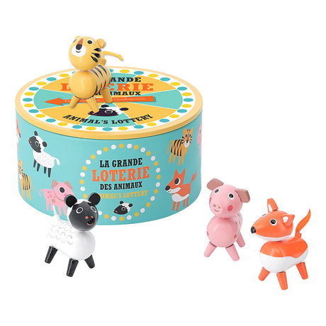 Vilac wooden animal bingo lottery game with colorful tin box packaging and toy figurines.