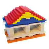 Vilac Batibloc wooden house building set with colorful red, yellow, blue, and orange wooden block pieces.