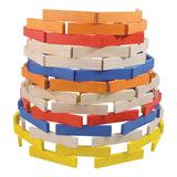Colorful wooden Vilac Batibloc planks stacked to build a circular tower structure for open-ended play.