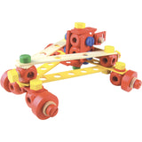 Wooden construction toy car built with colorful blocks, planks, screws, and wheels on a white background.