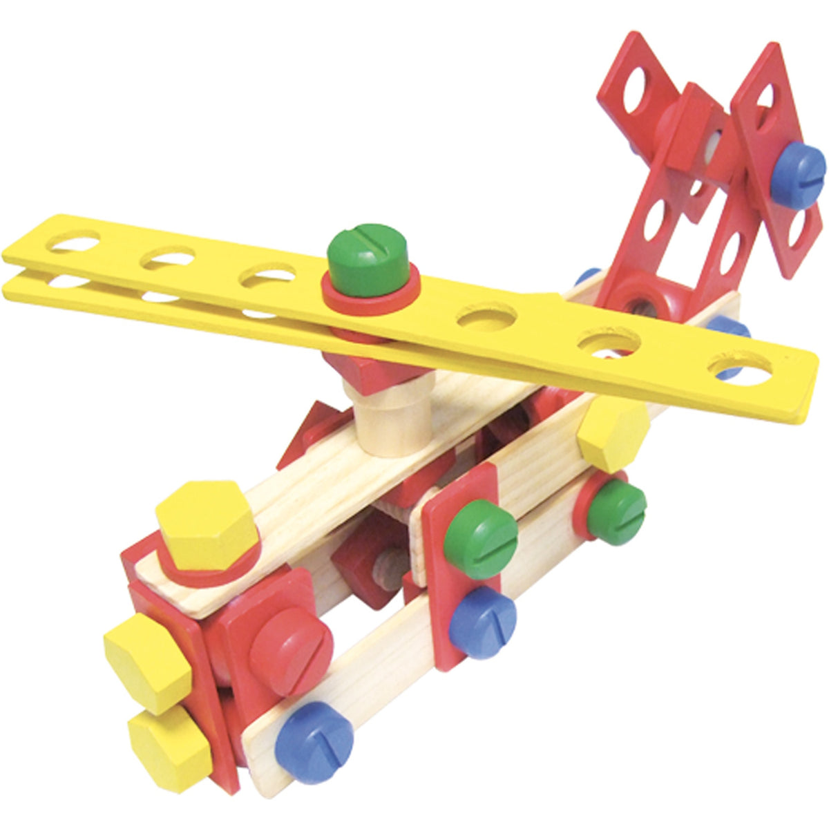Vilac Batibloc wooden toy helicopter model built with colorful blocks and screws.
