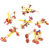 Multiple vehicles built from a Vilac Batibloc wooden toy construction set, including an airplane and crane.