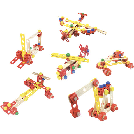 Multiple vehicles built from a Vilac Batibloc wooden toy construction set, including an airplane and crane.