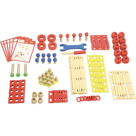 Vilac Batibloc wooden construction toy set with colorful blocks, nuts, bolts, tools, and instruction cards.