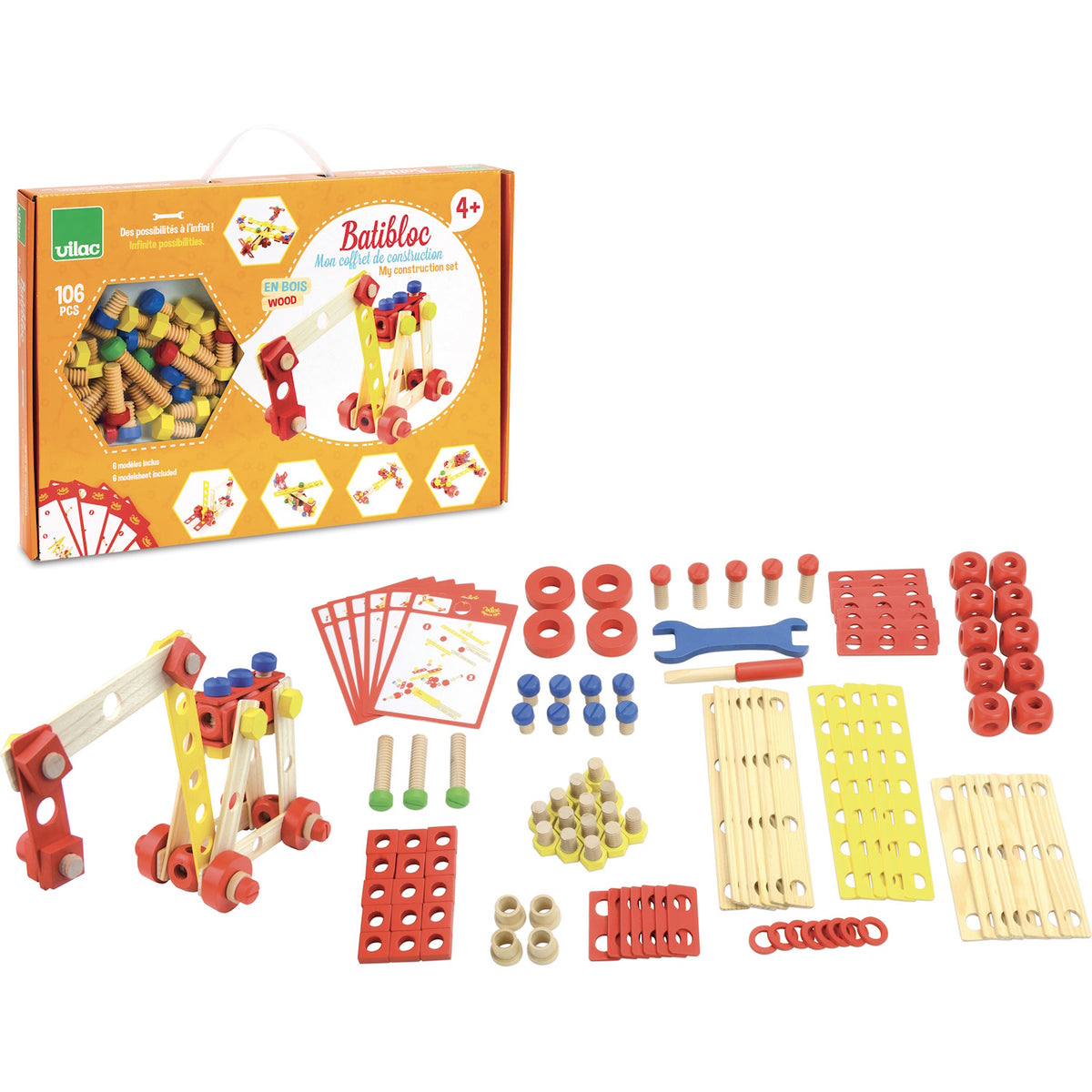 Vilac Batibloc wooden construction toy set with 106 pieces, building blocks, and box on white background.
