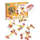 Vilac Batibloc 106-piece wooden construction toy set with box, instruction cards, and built models.
