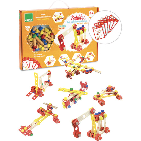 Vilac Batibloc 106-piece wooden construction toy set with box, instruction cards, and built models.