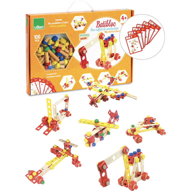 Vilac Batibloc 106-piece wooden construction toy set with box, instruction cards, and built models.