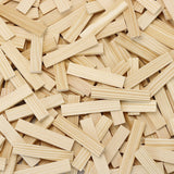 Pile of natural Vilac Batibloc wooden building blocks and construction planks.