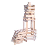 Tall tower structure constructed from Vilac Batibloc natural wooden building blocks.