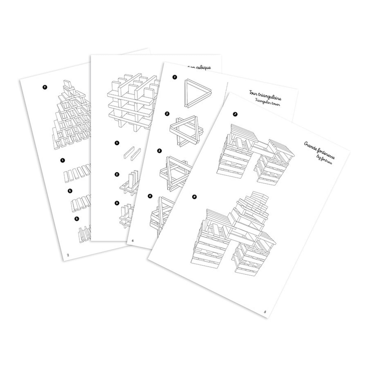 Vilac Batibloc instruction sheets showing building ideas for fortress and tower construction toy sets.
