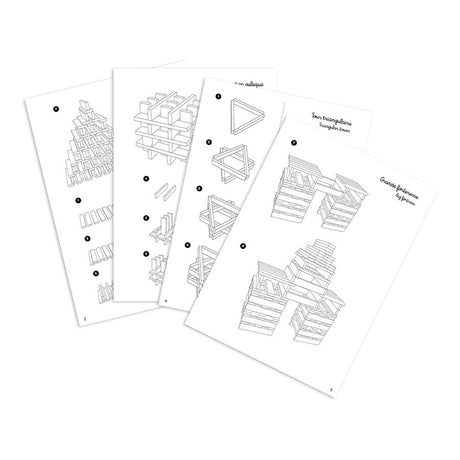 Vilac Batibloc instruction sheets showing building ideas for fortress and tower construction toy sets.