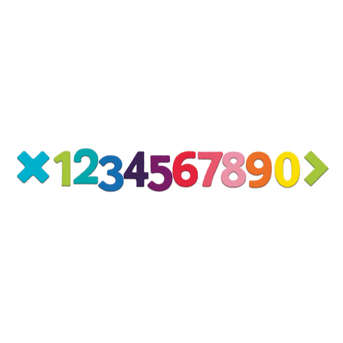 Colorful 3D plastic numbers zero through nine with math symbols in a row on a white background.