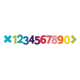 Colorful 3D plastic numbers zero through nine with math symbols in a row on a white background.