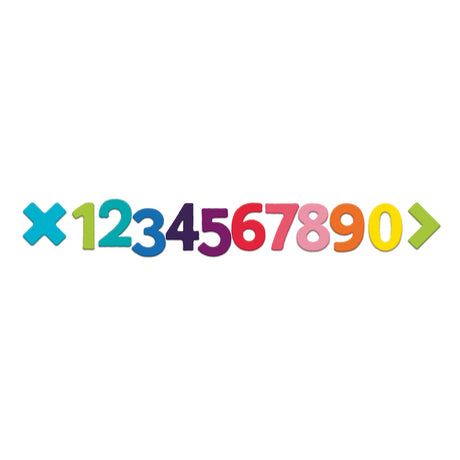 Colorful 3D plastic numbers zero through nine with math symbols in a row on a white background.