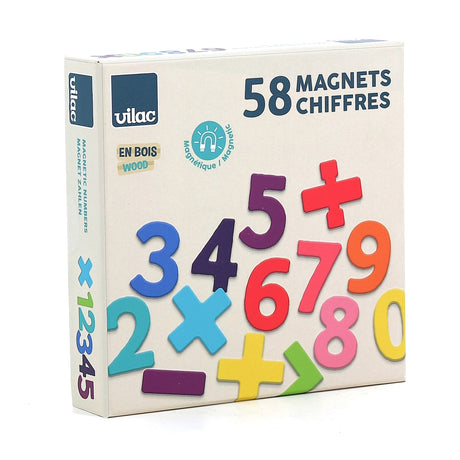 Colorful wooden magnet numbers and mathematical signs in Vilac branded box for learning arithmetic.
