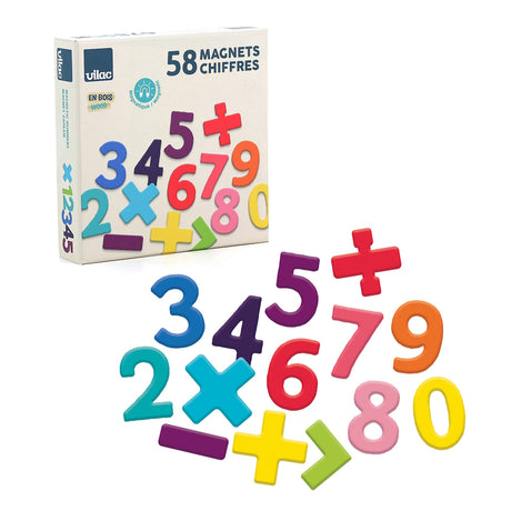 Vilac 58-piece magnetic wooden numbers and math symbols set for kids, colorful educational toy with storage box.