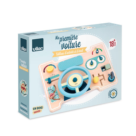 Vilac wooden car dashboard activity toy packaging for toddlers 18 months and up, featuring a blue steering wheel.