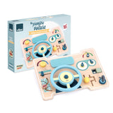 Vilac wooden activity car dashboard toy for toddlers with steering wheel and gear shift and its original box.