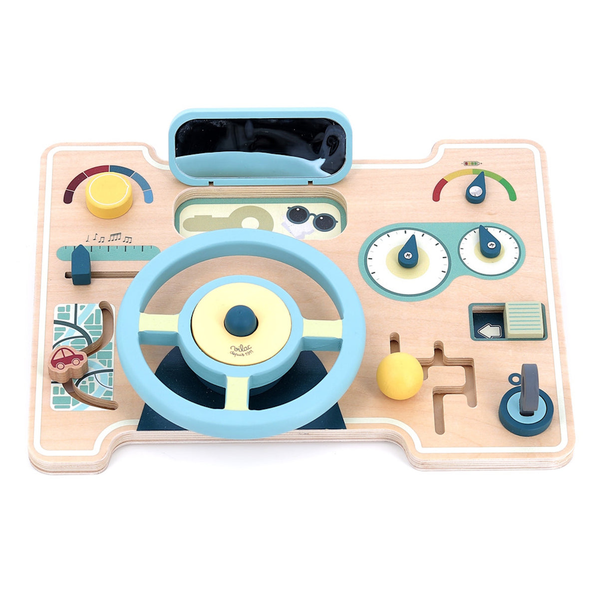 Wooden toy car dashboard for toddlers with steering wheel, gear shift, and mirror.