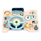 Wooden toy car dashboard for toddlers with steering wheel, gear shift, and mirror.